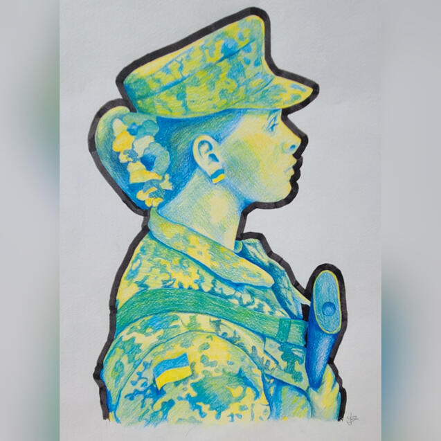 defender of kyiv, pencil crayon and ink on paper, 2023